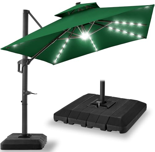 Best Choice Products 10x10ft Cantilever Patio Umbrella w/Base Included, Solar LED Lights 360 Rotation Large Offset Hanging Outdoor Shade for Deck Pool Backyard w/Stand – Green