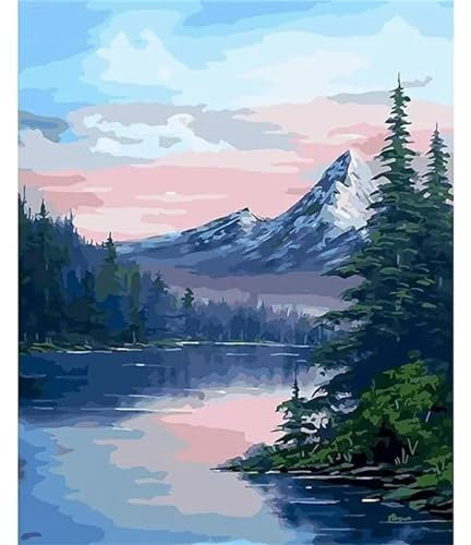 Seenlandschaft Wald Malen nach Zahlen Erwachsene ohne Rahmen Malen Nach Zahlen Kits DIY Ölgemälde Leinwand Gemälde Set mit Pinsels und Farbe Acryl Malerei für Erwachsene Geschenk für Home Deko,60x75cm