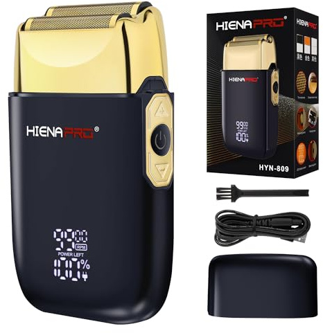 HIENA PRO Foil Shaver for Men Barber, Double Electric Foil Trimmer, Professional Electric Razor, Close Shaver, Cordless Rechargeable with USB, Detachable Design, LED Display, Black Gold