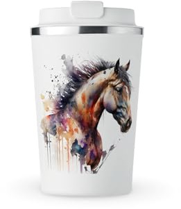 MAXIKIWI – Isolerad dubbelväggig, läckagesäker mugg i rostfritt stål, kaffe eller te rese tumlare med lock, håller drycker varma och kalla – hästakvarell – 350 ml