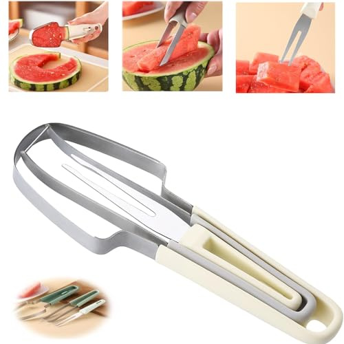 Wassermelonen Schneider, 3-in-1 Wassermelonen-gabelschneider Aus Edelstahl, Melonen Schneider, Obstschneider, Obstgabelschneider Für Zuhause, Party, Camping, Küchengerät (Beige)