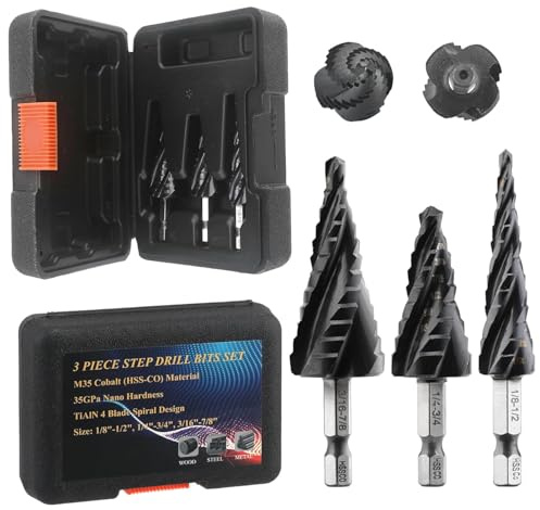CKductpro M35 Cobalt Four Spiral Flute Step Drill Bit,1/8-7/8 (3 pcs) Impact Resistant M35 HSS AlTiN Coated,1/4 Hex Shank Step Bit for Hole Drilling in Stainless Steel, Copper, Aluminum, Wood