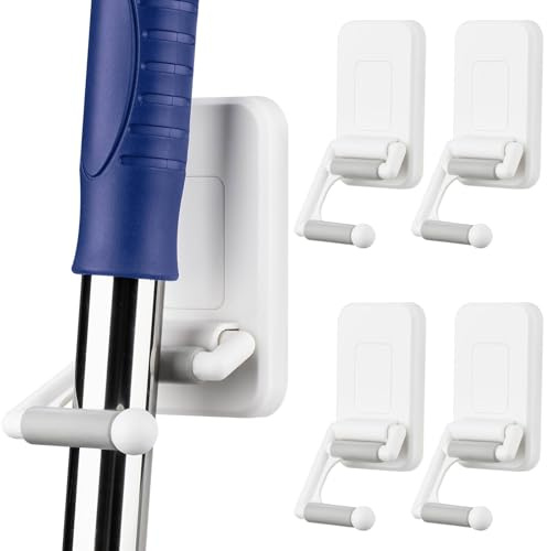 NiHome 4er-Set Besenhalterung Wand, Besenhalter Gerätehalter Selbstklebend ohne Bohren, 180° Drehbare Mop Halterung für Küche, Bad & Garage, Wandhalterung für Mops, Besen & Gartengeräte
