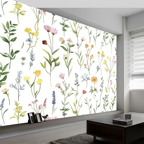 Carta da Parati Fotografica Acquerello Pianta Fiori di Campo, 200 x 140 cm (L x A) Parati Murali, Piante Ad Acquerello Carta da Parati Decorativa, per Soggiorno, Camera da Letto e Ufficio