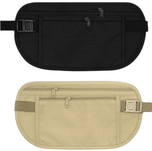KOLZEMV 2PCS Versteckte Flache Bauchtasche, wasserdichte Tasche Diebstahlsichere Geldgürtel Reise Bauchtasche für Damen und Herren Anti-Diebstahl Reise Gürteltasche für Handy Reisepass Bargeld