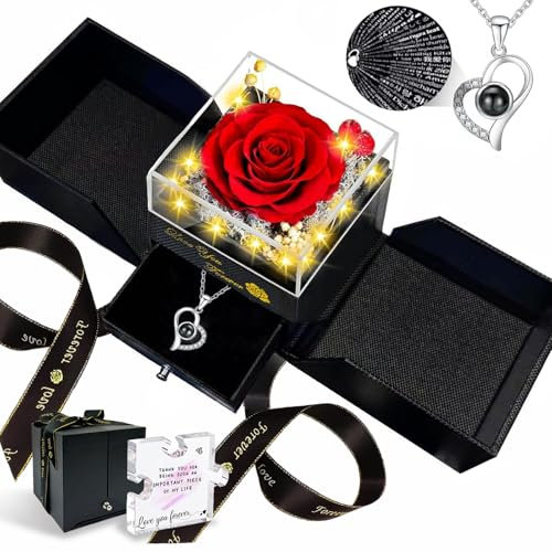 Megapuxin Preserved Real Rose with Heart Necklace for Her, I Love You Necklace 100 Languages Projection, for Mom Wife Girlfriend, Birthday Valentines Romantic Gifts for Women