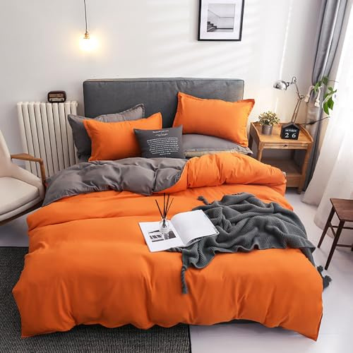 Highdi Set di Biancheria da Letto Matrimoniale 4 Pezzi Microfibra Set Copripiumino Singolo Doppio con Chiusura a Zip 1 Lenzuolo +1/2 Federe (Letto 2,0 m 200x230cm,Grigio Arancione)