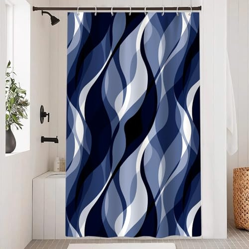 Uiiooazy Tenda Doccia Antimuffa 120x200cm Blu Navy Righe Blu Scuro Sfumata | Tenda da Doccia Astratta Gradiente Striscia Impermeabile Tessuto in Poliestere Lavabile per Vasca da Bagno con 8 Anelli