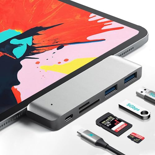 Adaptador para iPad USB C Hub, estación de acoplamiento USB C 5 en 1 con 2 puertos USB 3.0 de 5 Gbps, carga PD de 18 W, lector de tarjetas SD/Micro SD para iPad Pro M4 M2 M1 13 5 11 pulgadas iPad Air