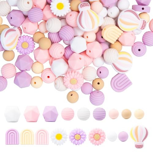 Rebanky 127 Silikonperlen, 12/14 mm, bunt, rund und polygonal, für Schmuck | Runde, polygonale und Motivperlen mit Loch für Schmuck, Schlüsselanhänger und DIY-Projekte