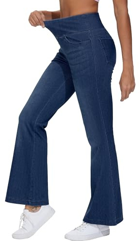 THE GYM PEOPLE Jeans Donna Flared a Vita Alta Elasticizzati con Contrallo della Pancia e Tasche - per Il Tempo Libero, Le Uscite e Lo Stile Urbano, Blu Scuro, XL