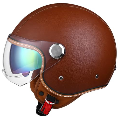 Open Face Motorcycle Helmet Jet Half Vintage Leather Crash 3/4 Scooter ECE Approved Double Lens Aviator For Men Women(F,L=(59~60cm))