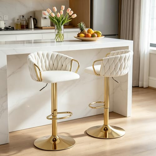 Chummaven Samt Barhocker 2er Set geflochtene Küchenhocker Creme Gold | höhenverstellbar, drehbar, gepolstert, Armlehnen Lehne Fußstütze Metallgestell, moderne Tresenhocker für Kücheninsel Hausbar