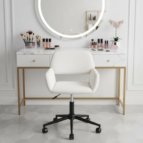 FurnitureR Drehbarer Schminkstuhl, höhenverstellbarer Schlafzimmerstuhl, breiter und atmungsaktiver Hohlsitz, Anziehstuhl, 360 ° drehbar, moderner Stoff, beige, 56 x 55 x 75 – 85 cm