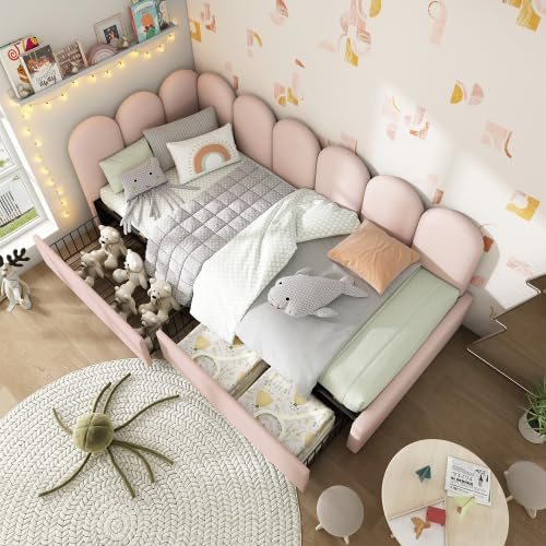 ANIROY Upholstered Bed Daybed Sofabed with 2 Storage Drawers, 3FT Single Sofa Bed 90x190cm with Slatted Frame, Youth Beds for Adults and Children, Velvet, No Mattress, No Box Spring Required, Pink