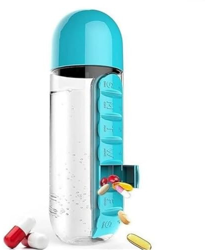 2 in 1 Water Bottle with Pill Organizer, 600ml Portable Medicine Box Cup with 7 Day Tablet Holder Detachable Travel Pill Compartment Bottle for Work, Travel & Outdoor Activities (Blue)