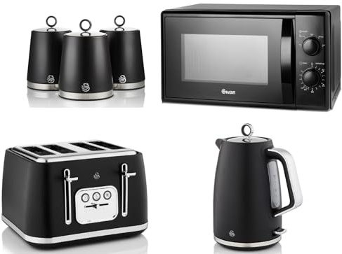 Swan Serenity Black 1.7L 3KW Kettle, 4 Slice Toaster, Tea, Coffee, Sugar Canisters and 20L 700W Microwave SM4420BLK. Contemporary Design Matching Kitchen Set of 6 with a Sleek Black Finish