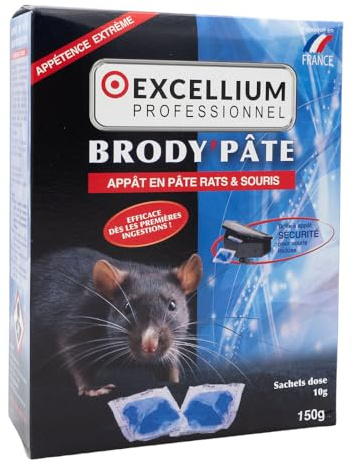 EXCELLIUM Brody’Pâte – Appât en pâte rats & souris – prêt à l’emploi – intérieur/extérieur autour des bâtiments (rats) – caves, garages, entrepôts – sachets 10 g – boîte 150 g – poste souris inclus