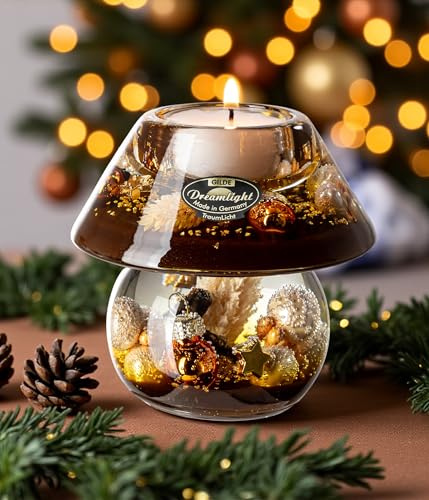 Dreamlight Teelichthalter Deko Weihnachten – Traumlicht Teelichter Glas Noblesse Mini – Cozy Night Deko X Mas Perlen Weihnachtskugel Stern Gold Braun - Ø 10 cm Höhe 9,5 cm