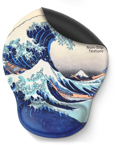 Hokusai Grande Vague de Kanagawa – Tapis de Souris Ergonomique avec Repose-Poignet en Gel | Surface en Lycra et Base Antidérapante | Confort Bureau, Télétravail & Gaming | Design Japonais