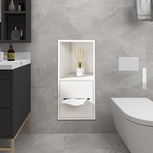 Vibeo Wandnische Dusche Toilettenpapierhalter für Badezimmer, Kleiner Wandnischenschrank mit Telefonablage, wasserdichte Edelstahl-WC-Nische für Die Duschwand(White)