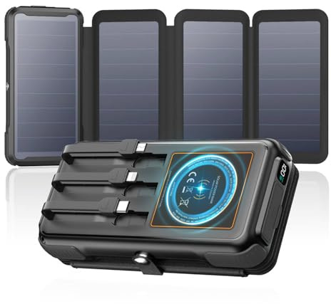 Cargador Solar Power Bank 25000mAh - A ADDTOP 20W Bateria Externa Carga Rapida con USB C - Bateria Portatil Inalámbrica con 3 Cables 4 Paneles - PD QC 3.0 Cargador Portátil para Teléfono Tableta