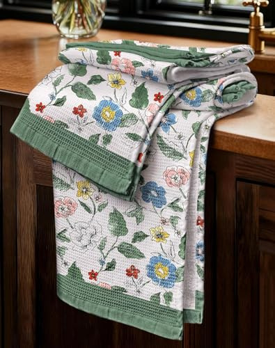 EKKONG 2 Piezas Servilletas de Flores Silvestres Tela de Cocina, Toalla de Cocina Súper Absorbente con Tejido Gofre, Flores Silvestres, 66 x 45 cm,Paños Cocina (Color)