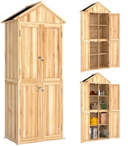 Outsunny Armoire de Jardin en Bois avec 4 Portes et 190cm Bois Naturel | Abri à Outils, Toit en Pointe en Asphalte, Cabane de Jardin, Étagères Amovibles, pour Balcon Terrasse