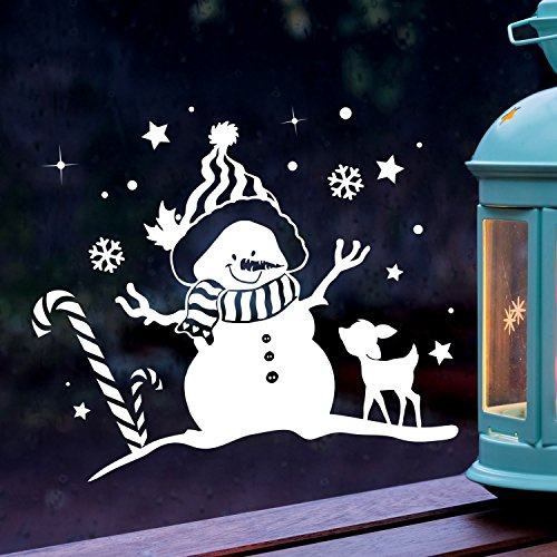 Fensterbild Schneemann & Reh Winter Fensterdeko L 40x33cm Fensterbilder Winterlandschaft + Sterne & Schneeflocken M2268 ilka parey wandtattoo-welt®