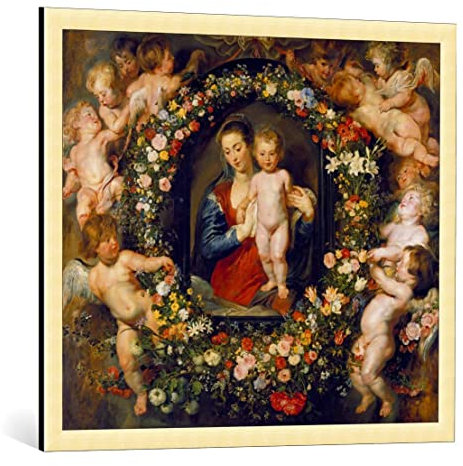 kunst für alle Bild mit Bilder-Rahmen: Peter Paul Rubens Die Madonna im Blumenkranz - dekorativer Kunstdruck, hochwertig gerahmt, 85x75 cm, Gold gebürstet