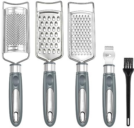 To encounter Käsereibe, Zestenreibe, Edelstahlreibe für Ingwer, Knoblauch, Muskatnuss, Schokolade, Gemüse, Zitrone, Spülmaschinenfest, 5er-Set (Grau)