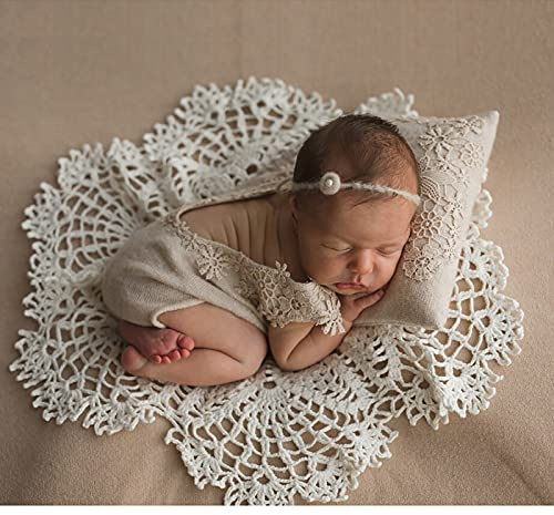 Camidy Newborn Photography Props, 2pcs Hollow Out Photo Mat Posing Pillow Set, Baby Photoshoot Sheet with Cute Pillow Shower Birthday Party Photo Props for Infant Boys Girls, White
