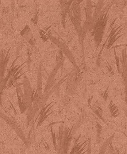 Rasch Tapeten 520767 - Matte Vliestapete in Terracotta mit Beton-Optik und Blättern aus der Kollektion Concrete - 10,05m x 0,53m (LxB)