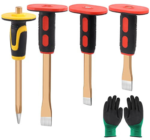 Mardatt 5-Stück Maurermeißel mit Handschutz, 2.7 x 20cm/25cm/30cm Flachmeißel und 1.6 x 30cm Spitzmeißel, Stemmeisen Set und Handschuhen, Beton-Mörtelbrecher Meißel