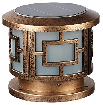 Retro runder Solar-Säulenscheinwerfer, wasserdichte IP55-Säulenlampe für den Außenbereich, Acryl-Lampenschirm, LED-Säulenleuchten aus Druckguss-Aluminium, dekorative Landschaftsleuchte für Garten und