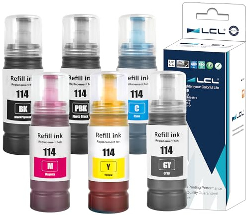 LCL 114 Tinte Kompatibel mit Epson 114 Tintenpatronen Nachfülltinte Multipack, für EP ET-8500 ET-8550 (6-Pack, Schwarz/Foto Schwarz/Cyan/Magenta/Gelb/Grau)