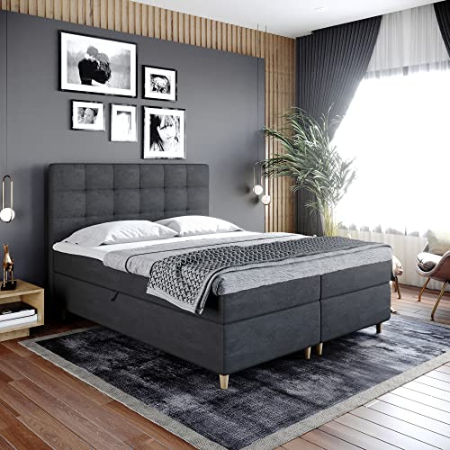 Boxspringbett Dante - Doppelbett, Bett mit Bonellmatratze und Topper, 2 Bettkästen für Bettwäsche, Polsterbett, Modern, Elegant, Schlafzimmer, Schlafzimmermöbel, Schlafzimmerbett (160x200, Anthrazit)