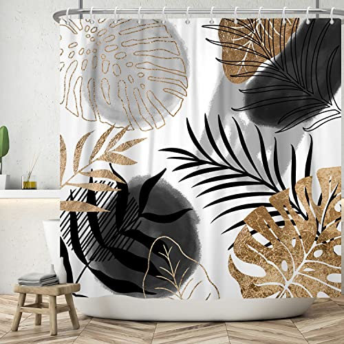 Ttincceer Abstrakte Duschvorhang Pflanze Blatt 180x180cm Schwarz Gold Palm Monstera Blatt Badezimmer Vorhang Abstrakte Tropische Pflanze Duschvorhänge Waschbar Badewanne Vorhang