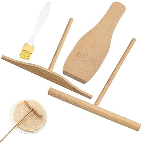 Wudaizhi Crepe Spreader and Spatula Kit, T-shaped Batter Spreaders and Spatula Pancake Tool with Silicone Brush, Natural Wooden Crepes Spreader Set