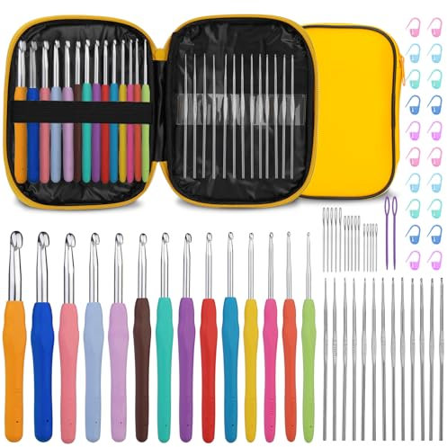 Riddur 65-Teiliges Häkelnadel-Set, 0.6mm–10 mm Ergonomische Stricknadeln mit Aufbewahrungsbox, Bunte Häkelnadeln mit Weichem Kieselgel Griff, Stumpfe Nadeln, DIY-Handstrick Werkzeuge für Häkelanfänger