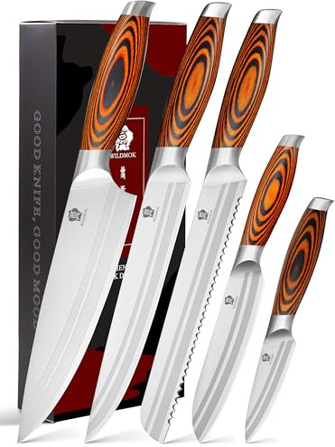 WILDMOK 5-Piece Premium Knife Set - Chef, Carving, Bread, Utility, Paring Knives - German Stainless Steel Blades