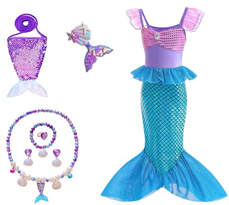 HEYOUTH Sjöjungfrudräkt för flickor, sjöjungfrudräkt, prinsessklänning Arielle prinsessklänning med tillbehör, karneval, födelsedag, fest, rollspel för barn, flickor, storlek 2–13 år