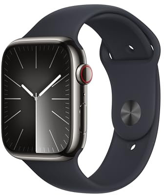 Apple Watch Series 9 [GPS + Cellular 45mm] Smartwatch with Graphite Stainless Steel Case with Midnight Sport Band S/M. Fitness Tracker, Blood Oxygen & ECG Apps, Always-On Retina Display (Renewed)