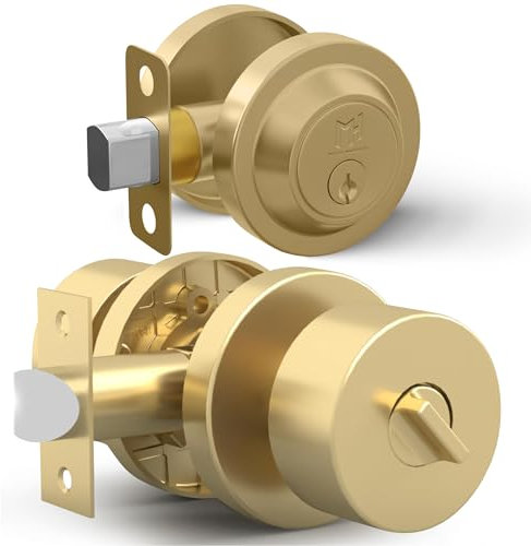 Mega Handles Buena Entry Combo I Türknauf und Einzylinder-Riegelschloss und Schlüssel, Kombi-Pack – robuster Türknauf für Links- oder Rechtshänder – satiniertes Messing