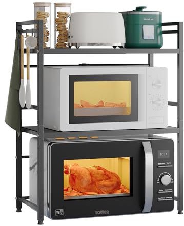 NETEL Soporte para microondas encimera Cocina Organizador hornos estanterías Almacenamiento Extensible microondas Soporte de 40 a 60 cm,con 8 Ganchos, Negro 3 Niveles