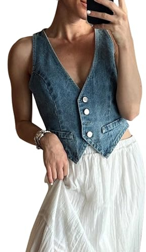 Achlibe Ärmellose Denim-Weste für Damen, sexy tiefer V-Ausschnitt, Jeans-Weste, Jacke, Y2K, lässiges bauchfreies Top, Ausgehen, Tank-Tops, dunkelblau, M