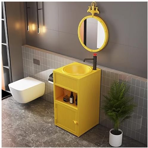 ZTGL Lavabo Bagno con Mobile, Stile Industriale Mobile Lavabo con Conservazione, Autoportante Lavabo da Bagno in Ferro con Rubinetto e Scarico, 45x45x85 cm,Giallo,with Mirror