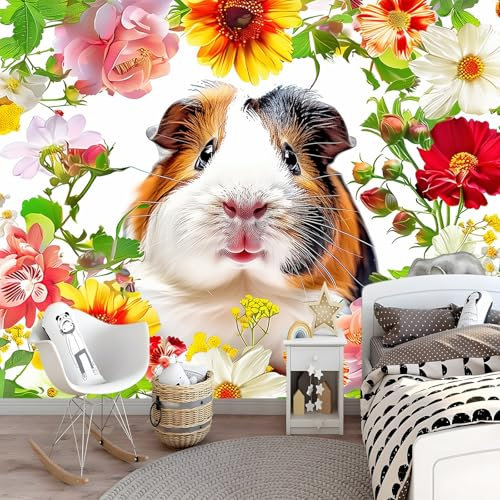 Fototapete Vlies 300 x 210 cm - Fototapete Cartoon Meerschweinchen und Blumen Schlafzimmer Wohnzimmer Vliestapete Wandtapete Fototapeten Bildtapete 3d Effekt Wand Dekoration - Gelb