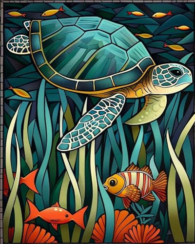 Xpdnmilq DIY Kreuzstichset für Anfängermit Muster und Anleitung vorgedrucktes11CT Stickset für ErwachseneHeimwanddekoration – Schildkröte und Fisch – 40x50cm