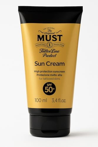 MUST - Sonnenschutz für farbige und schwarze Tattoos, beruhigend und feuchtigkeitsspendend, schützt die Haut und verlängert die Lebensdauer des Tattoos, keine Flecken, hergestellt in Italien, 100 ml